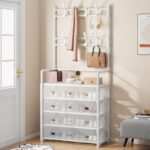 5-Tier Coat and Shoe Rack with Dustproof Cover Shoe Organizer with Hooks for Closet, Entryway and Living Room